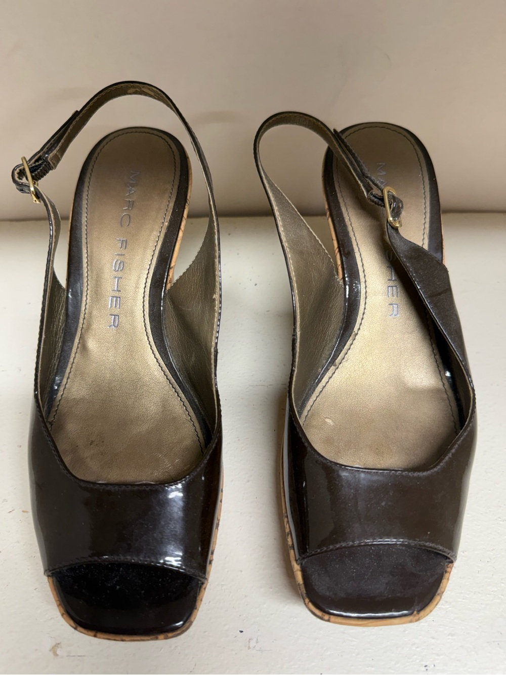 Marc Fisher Dark Brown Patent Peep-Toe Slingback Heels